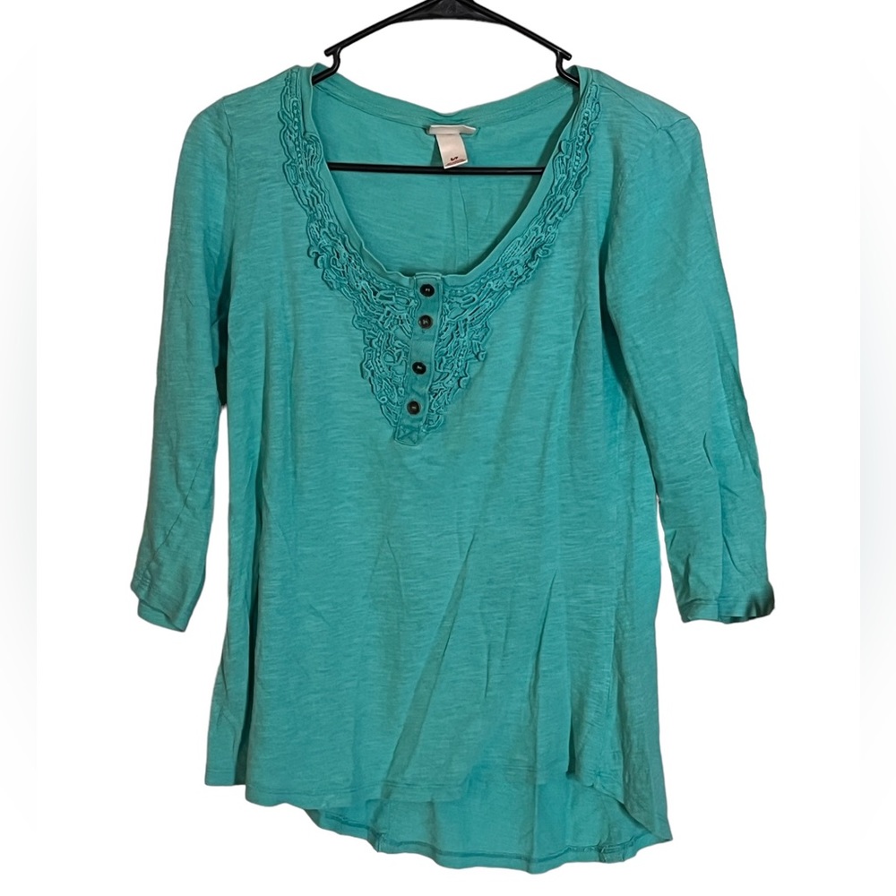 Mossimo Teal Green Embroidered Lace Trim Cotton Henley 3/4 Sleeve Boho Top Small